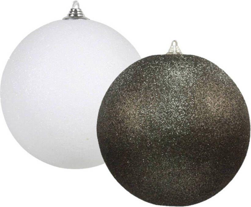 Decoris Kerstversieringen set van 2x extra grote kunststof kerstballen zwart en wit 25 cm glitter Kerstbal