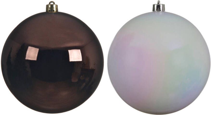 Decoris Kerstversieringen set van 2x grote kunststof kerstballen donkerbruin en parelmoer wit 20 cm glans Kerstbal