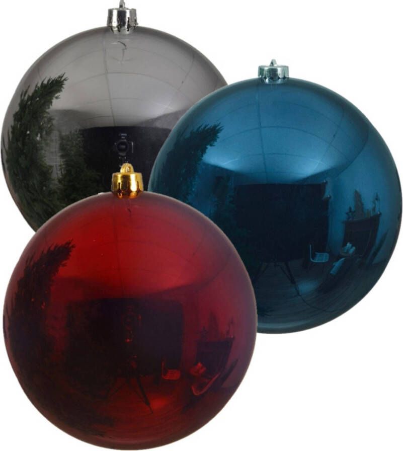 Decoris Kerstversieringen set van 6x grote kunststof kerstballen blauw-zilver-rood 14 cm glans Kerstbal