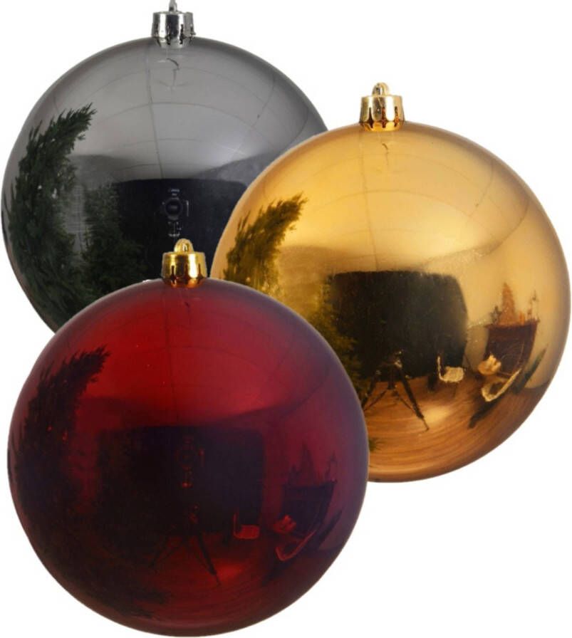 Decoris Kerstversieringen set van 6x grote kunststof kerstballen goud-zilver-rood 14 cm glans Kerstbal