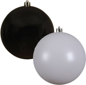 Decoris Kerstversieringen set van 6x grote kunststof kerstballen zwart en wit 14 cm glans Kerstbal