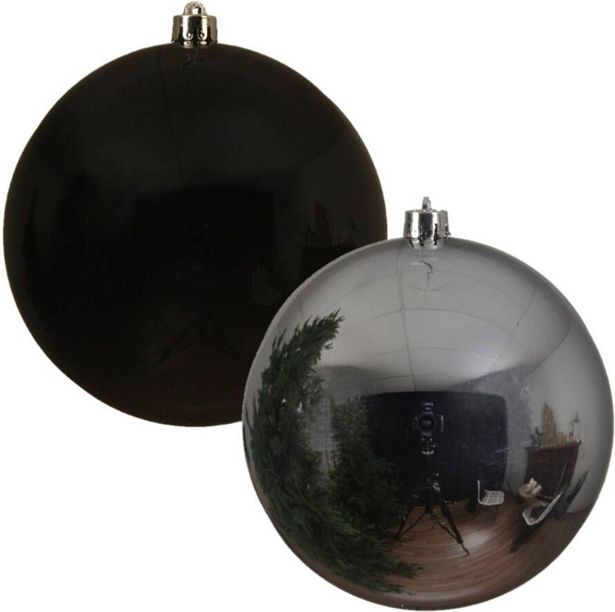 Decoris Kerstversieringen set van 6x grote kunststof kerstballen zwart en zilver 14 cm glans Kerstbal