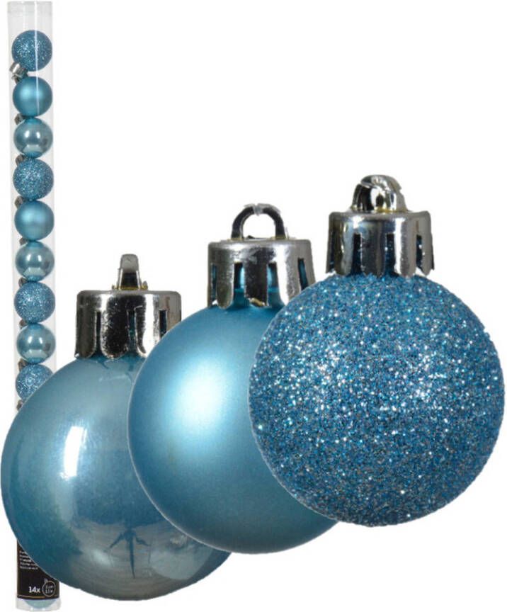Decoris kleine kerstballen 14x ijs blauw 3 cm -kunststof Kerstbal