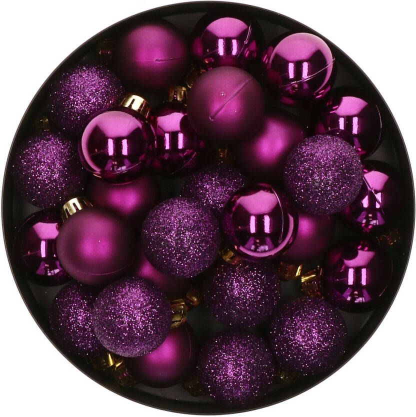 Decoris kleine kerstballen 14x paars 3 cm -kunststof Kerstbal