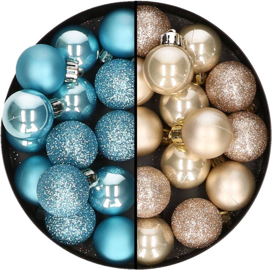 Decoris Kleine kerstballen 28x st champagne en ijsblauw 3 cm kunststof Kerstbal