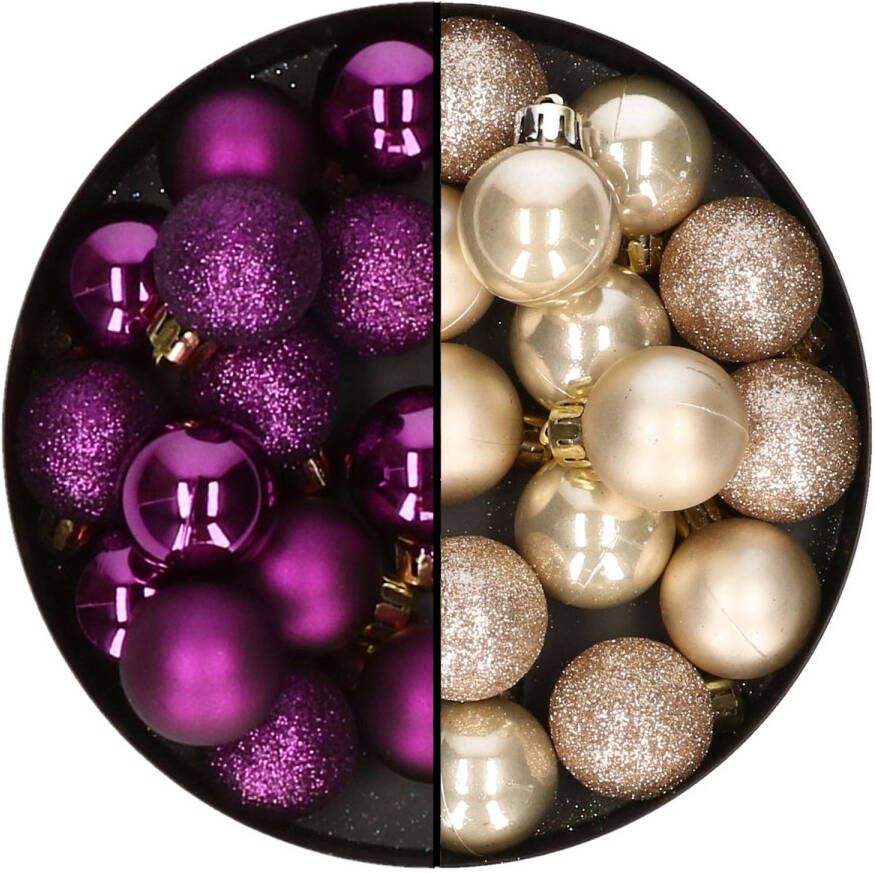 Decoris Kleine kerstballen 28x st champagne en paars 3 cm kunststof Kerstbal