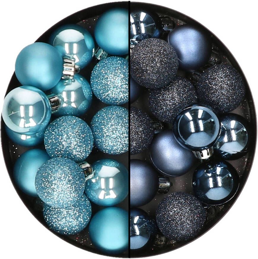 Decoris Kleine kerstballen 28x st donkerblauw en ijsblauw 3 cm kunststof Kerstbal