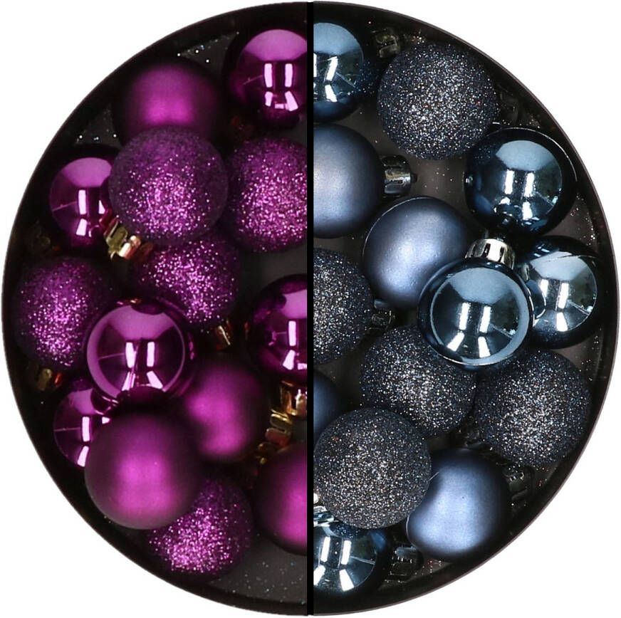 Decoris Kleine kerstballen 28x st donkerblauw en paars 3 cm kunststof Kerstbal