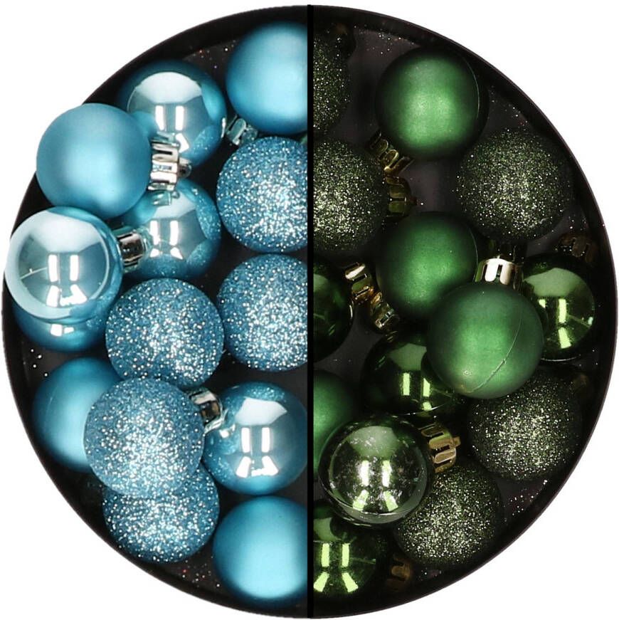 Decoris Kleine kerstballen 28x st donkergroen en ijsblauw 3 cm kunststof Kerstbal