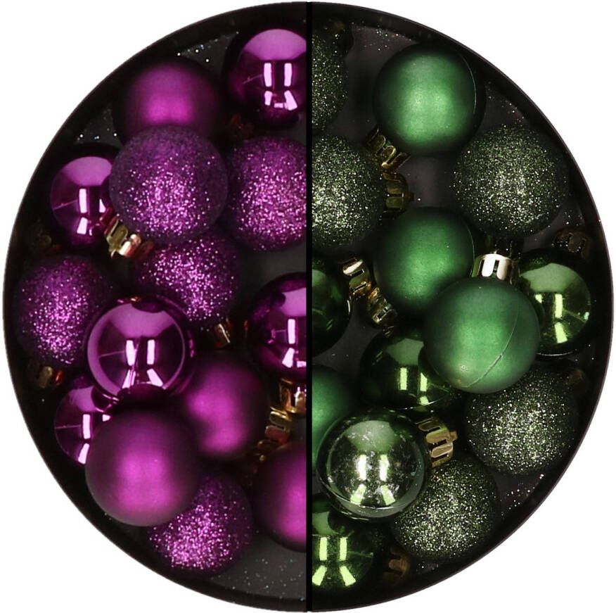 Decoris Kleine kerstballen 28x st donkergroen en paars 3 cm kunststof Kerstbal