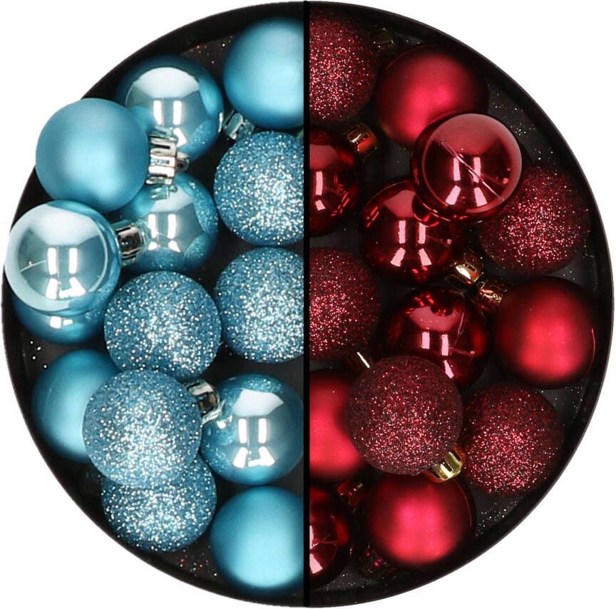 Decoris Kleine kerstballen 28x st donkerrood en ijsblauw 3 cm kunststof Kerstbal