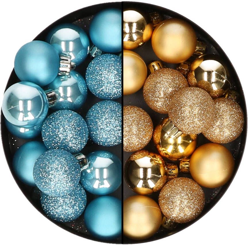 Decoris Kleine kerstballen 28x st goud en ijsblauw 3 cm kunststof Kerstbal