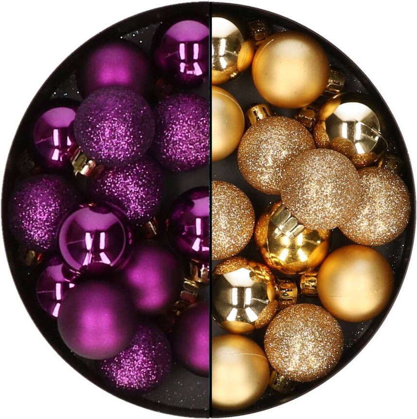 Decoris Kleine kerstballen 28x st goud en paars 3 cm kunststof Kerstbal