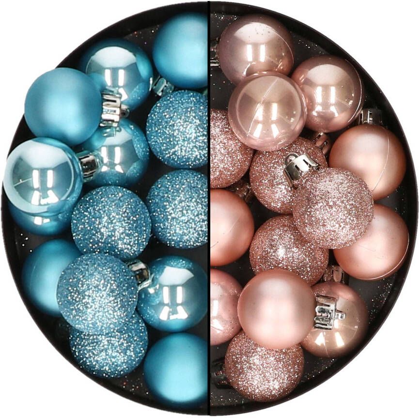 Decoris Kleine kerstballen 28x st lichtroze en ijsblauw 3 cm kunststof Kerstbal