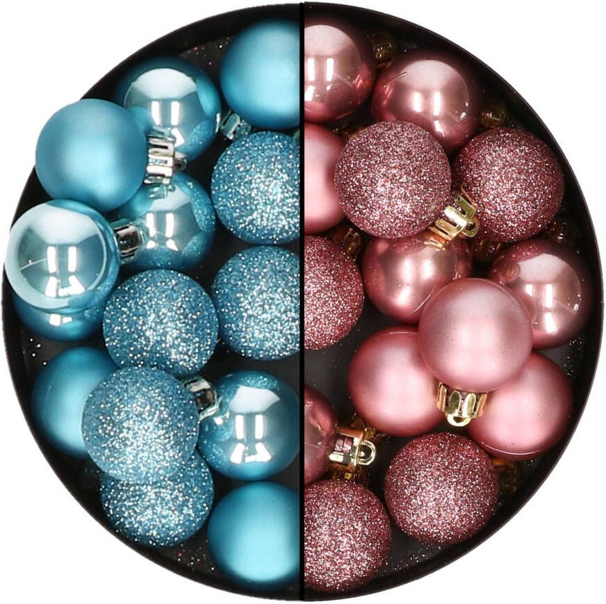 Decoris Kleine kerstballen 28x st oudroze en ijsblauw 3 cm kunststof Kerstbal