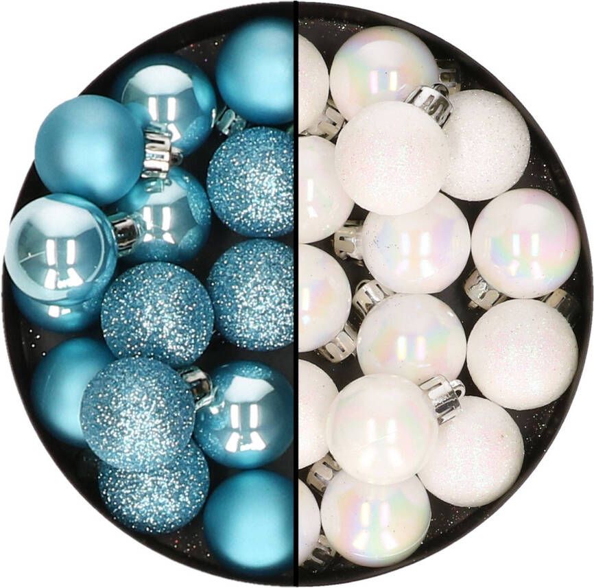 Decoris Kleine kerstballen 28x st parelmoer wit en ijsblauw 3 cm kunststof Kerstbal