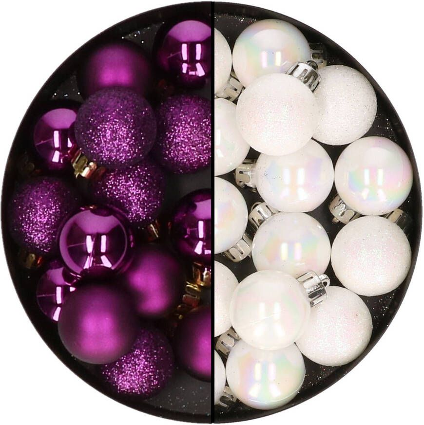 Decoris Kleine kerstballen 28x st parelmoer wit en paars 3 cm kunststof Kerstbal