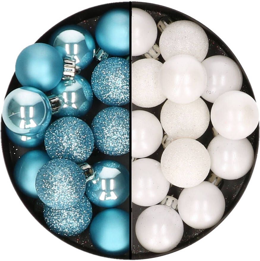 Decoris Kleine kerstballen 28x st wit en ijsblauw 3 cm kunststof Kerstbal
