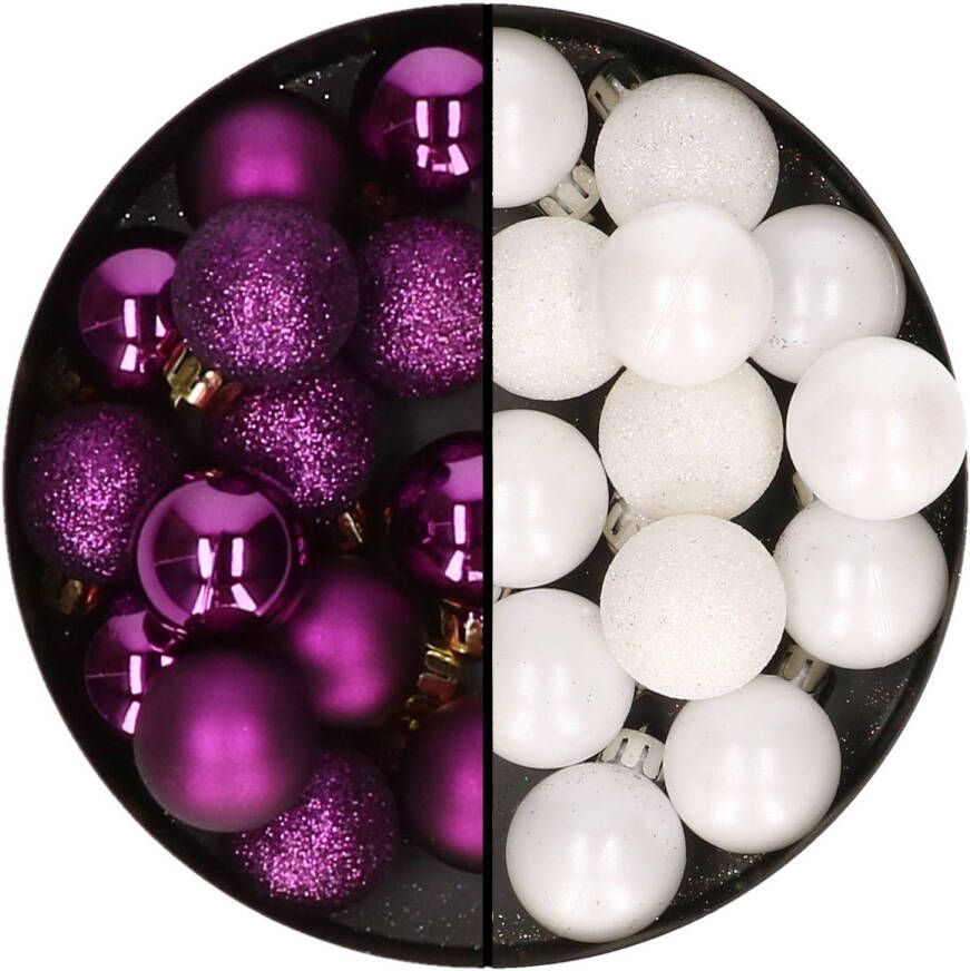 Decoris Kleine kerstballen 28x st wit en paars 3 cm kunststof Kerstbal