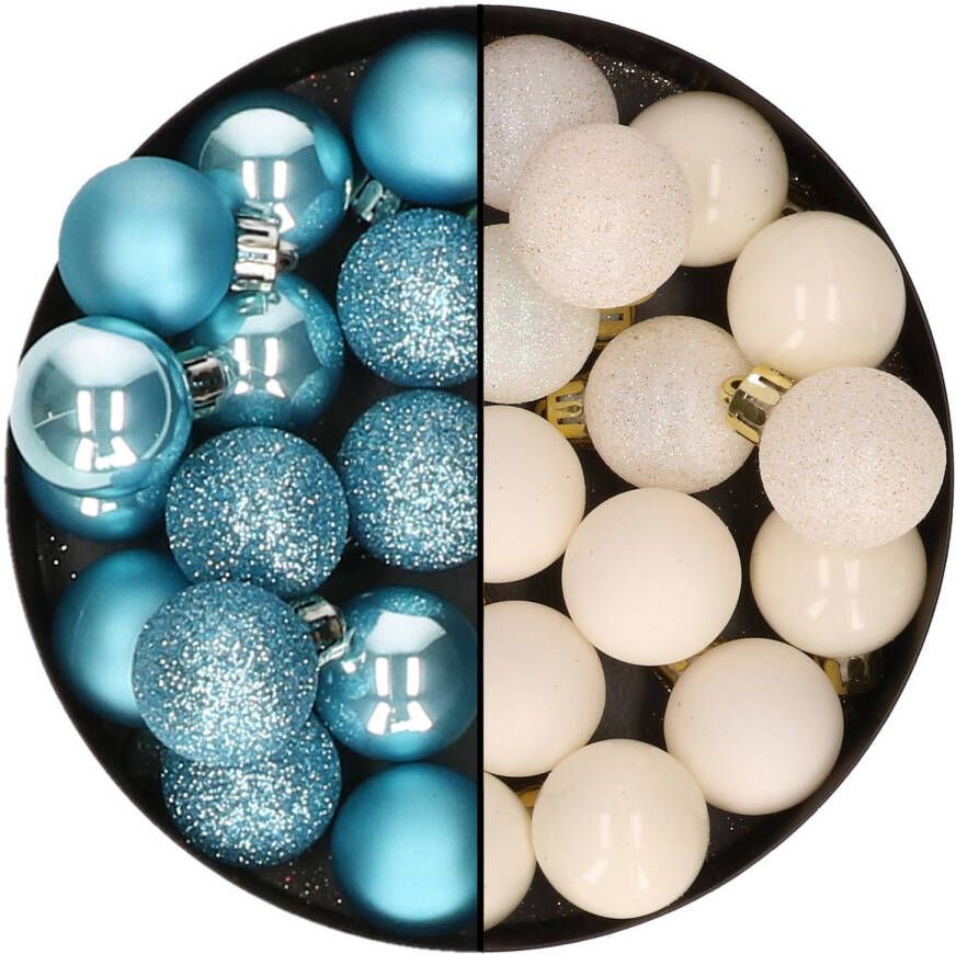 Decoris Kleine kerstballen 28x st wol wit en ijsblauw 3 cm kunststof Kerstbal