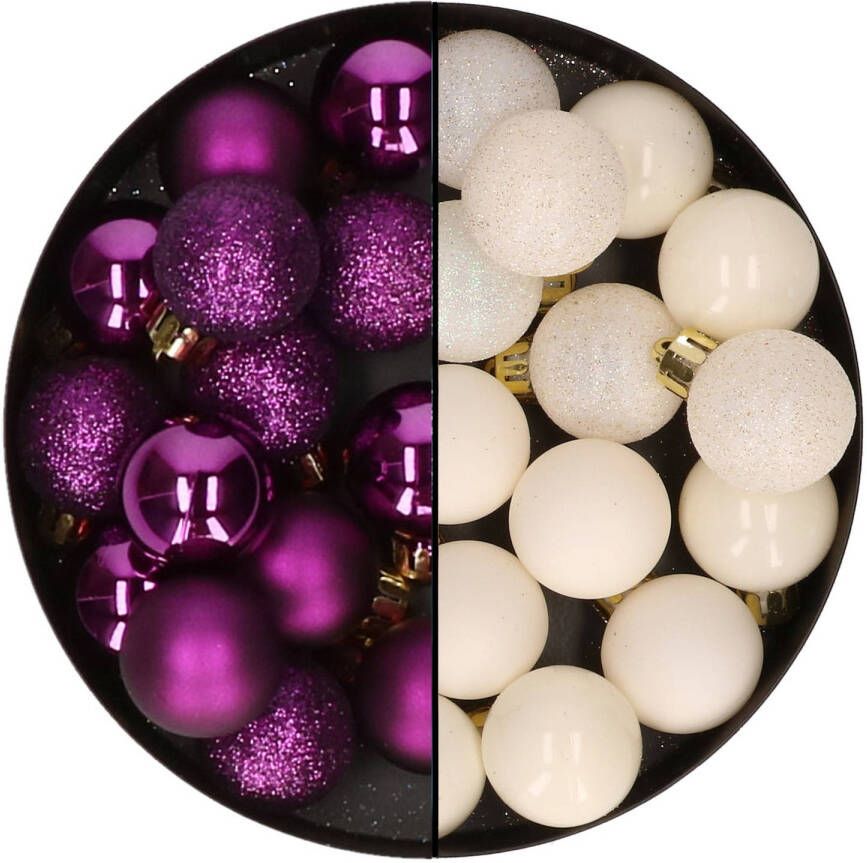 Decoris Kleine kerstballen 28x st wol wit en paars 3 cm kunststof Kerstbal