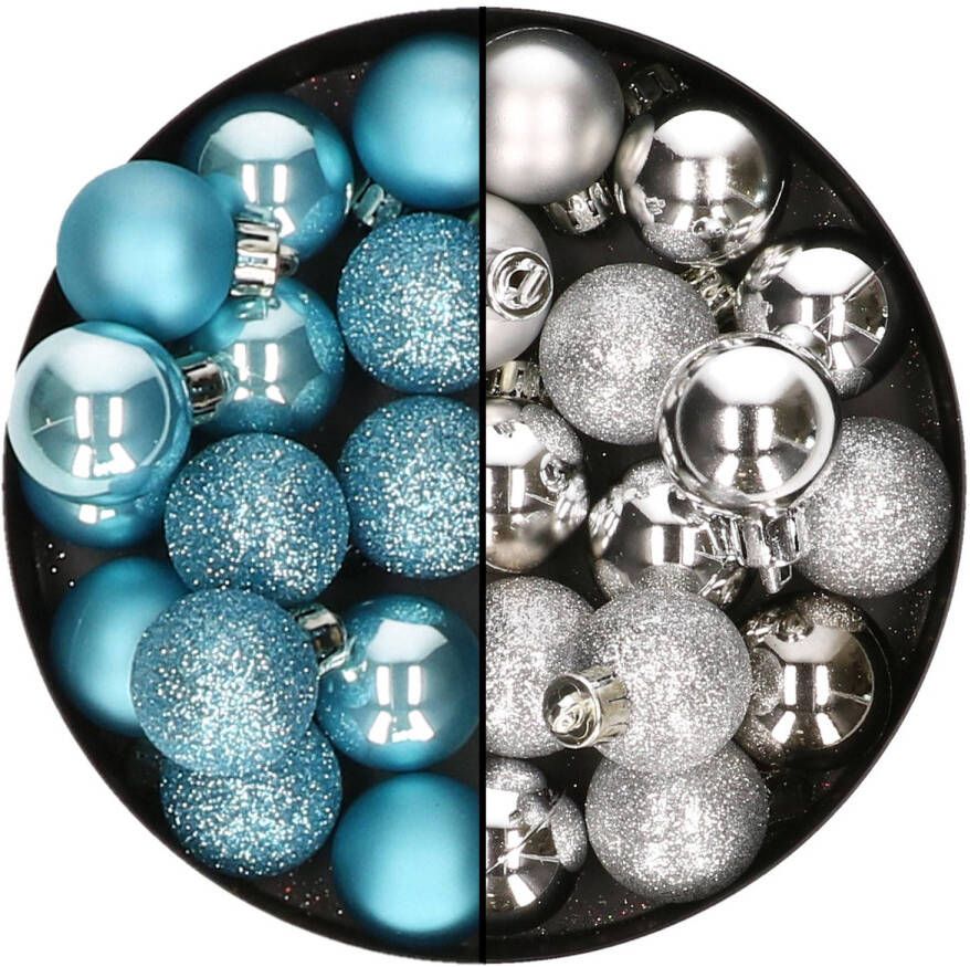Decoris Kleine kerstballen 28x st zilver en ijsblauw 3 cm kunststof Kerstbal