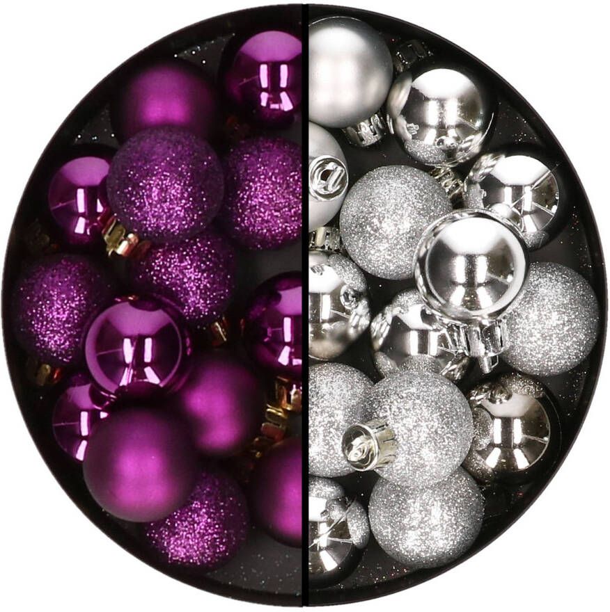 Decoris Kleine kerstballen 28x st zilver en paars 3 cm kunststof Kerstbal