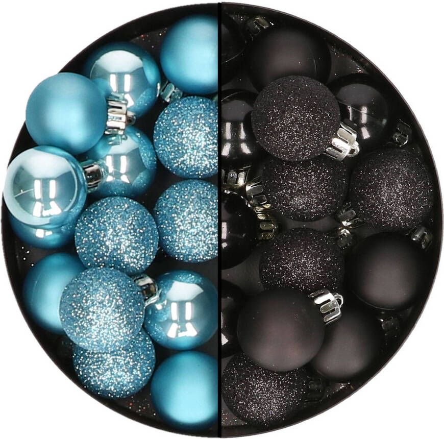 Decoris Kleine kerstballen 28x st zwart en ijsblauw 3 cm kunststof Kerstbal