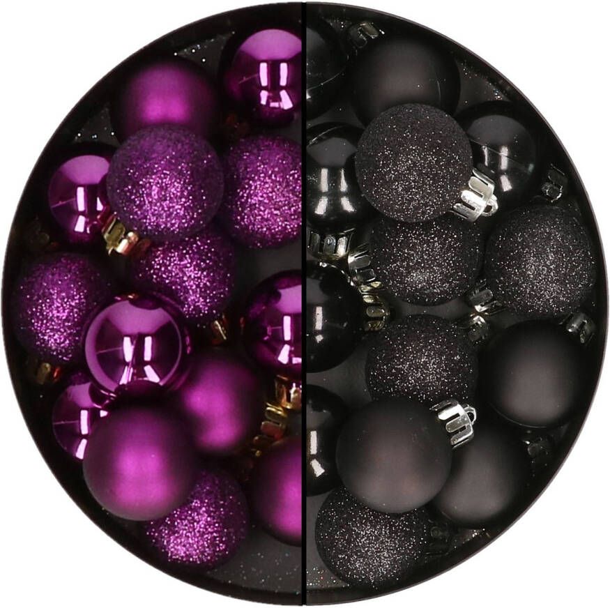 Decoris Kleine kerstballen 28x st zwart en paars 3 cm kunststof Kerstbal