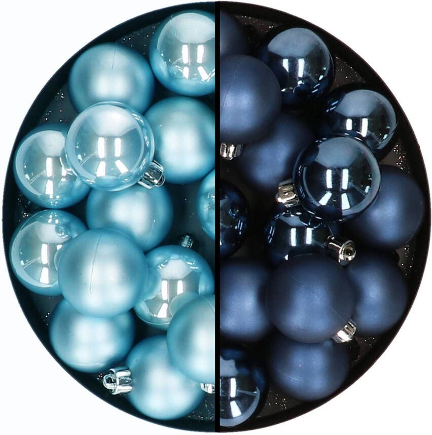 Decoris Kleine kerstballen 32x stuks mix donkerblauw en ijsblauw 4 cm kunststof Kerstbal