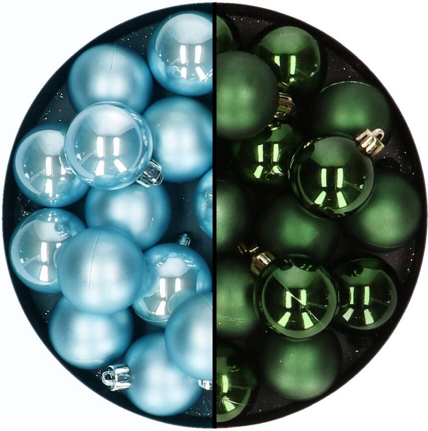 Decoris Kleine kerstballen 32x stuks mix donkergroen en ijsblauw 4 cm kunststof Kerstbal