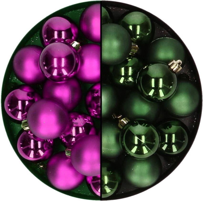 Decoris Kleine kerstballen 32x stuks mix donkergroen en paars 4 cm kunststof Kerstbal
