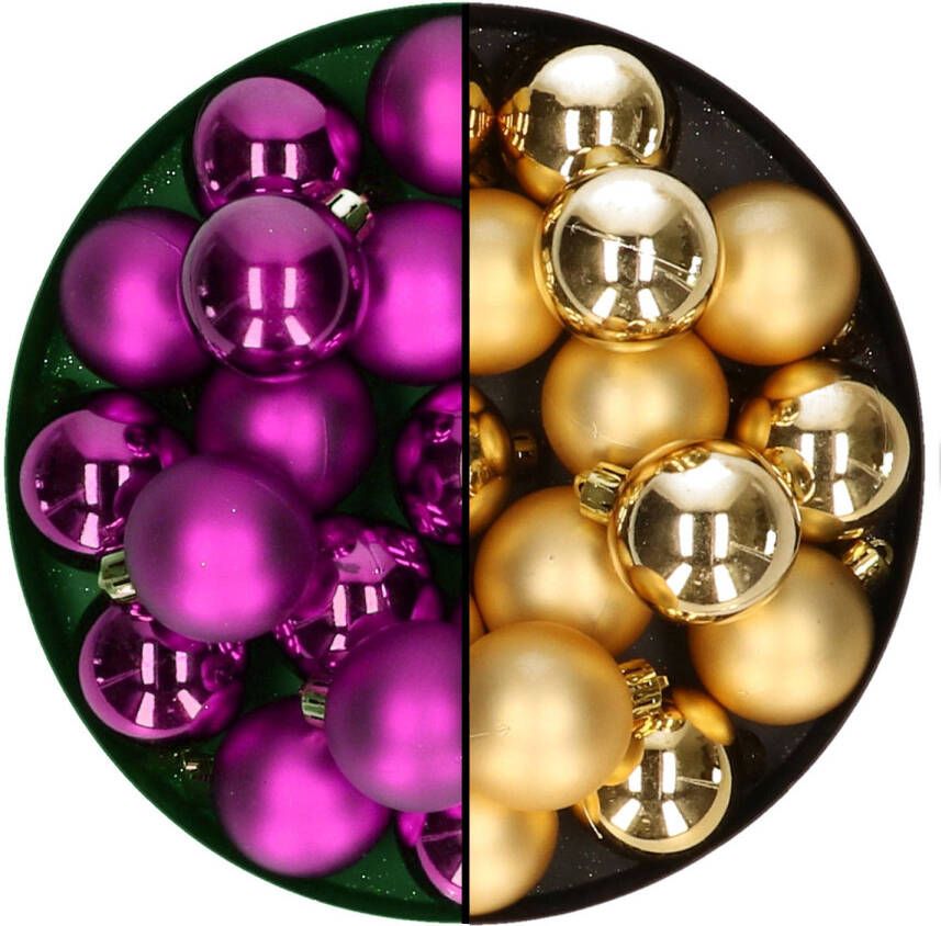Decoris Kleine kerstballen 32x stuks mix goud en paars 4 cm kunststof Kerstbal