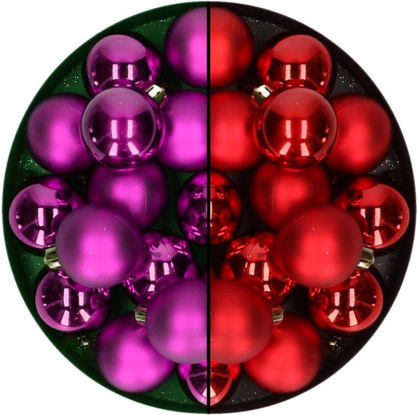 Decoris Kleine kerstballen 32x stuks mix kerst rood en paars 4 cm kunststof Kerstbal