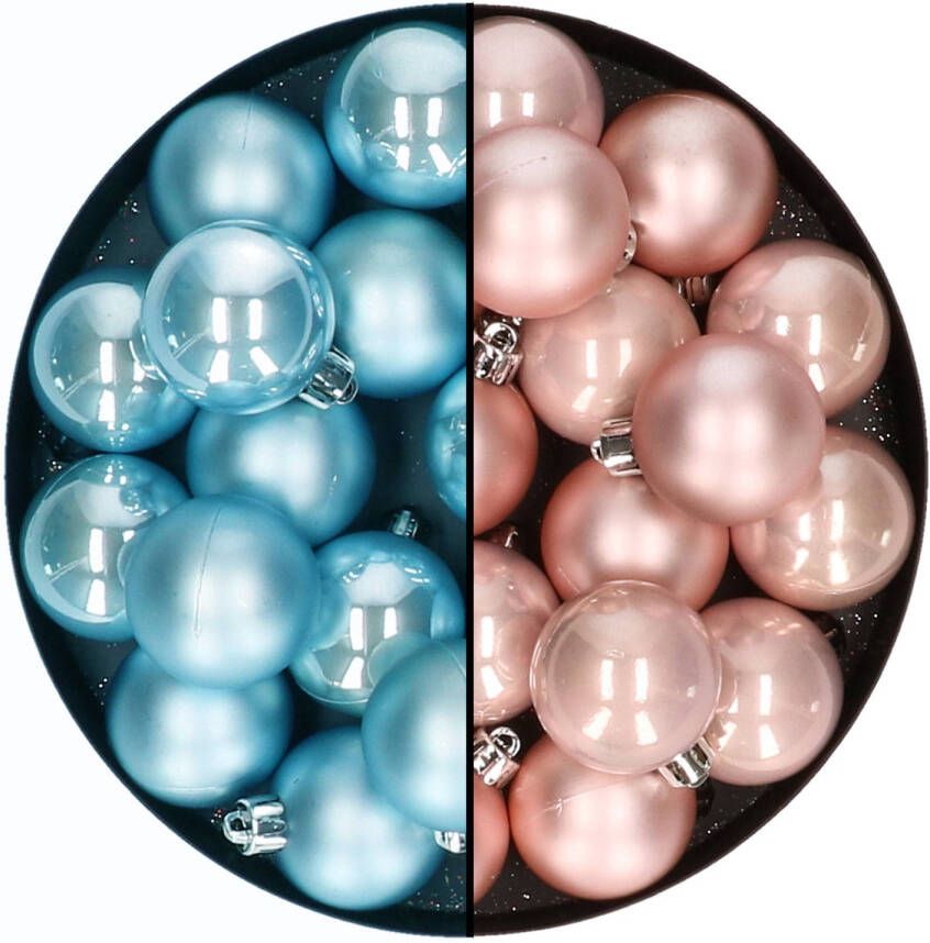 Decoris Kleine kerstballen 32x stuks mix lichtroze en ijsblauw 4 cm kunststof Kerstbal