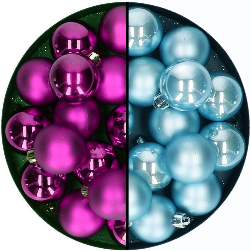 Decoris Kleine kerstballen 32x stuks mix paars en ijsblauw 4 cm kunststof Kerstbal