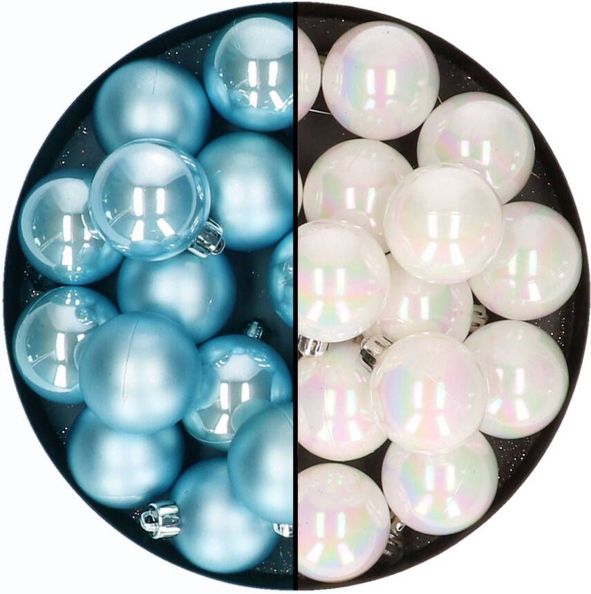 Decoris Kleine kerstballen 32x stuks mix parelmoer wit en ijsblauw 4 cm kunststof Kerstbal