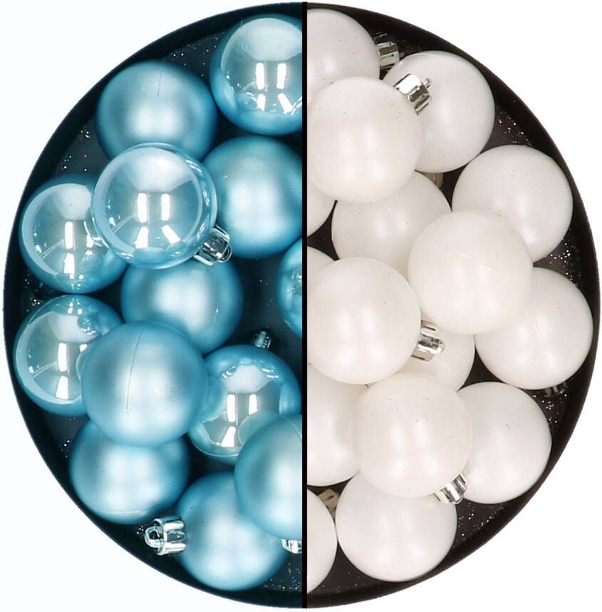 Decoris Kleine kerstballen 32x stuks mix winter wit en ijsblauw 4 cm kunststof Kerstbal