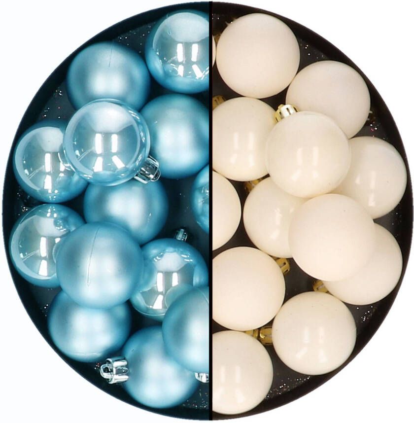 Decoris Kleine kerstballen 32x stuks mix wol wit en ijsblauw 4 cm kunststof Kerstbal