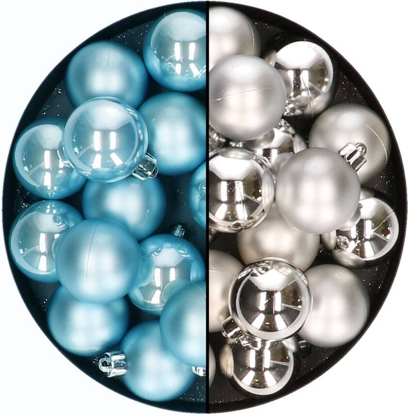 Decoris Kleine kerstballen 32x stuks mix zilver en ijsblauw 4 cm kunststof Kerstbal