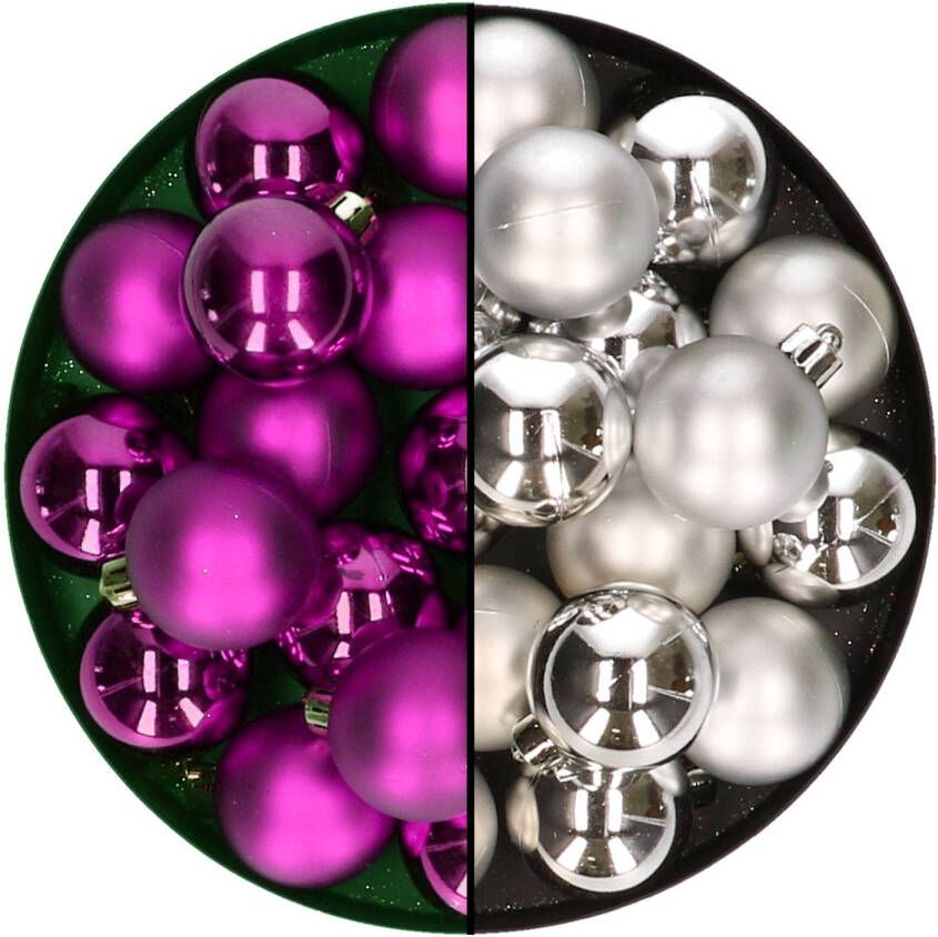 Decoris Kleine kerstballen 32x stuks mix zilver en paars 4 cm kunststof Kerstbal