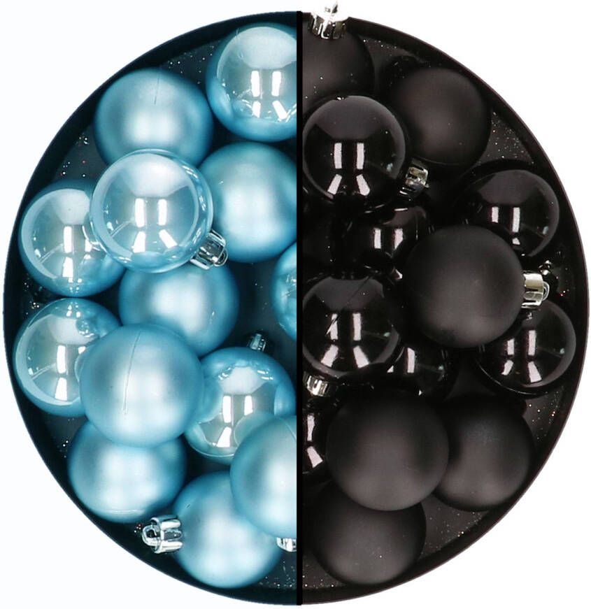 Decoris Kleine kerstballen 32x stuks mix zwart en ijsblauw 4 cm kunststof Kerstbal