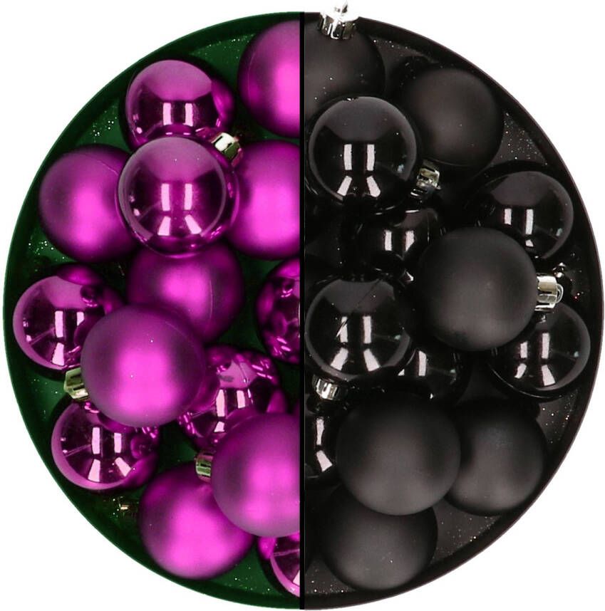 Decoris Kleine kerstballen 32x stuks mix zwart en paars 4 cm kunststof Kerstbal