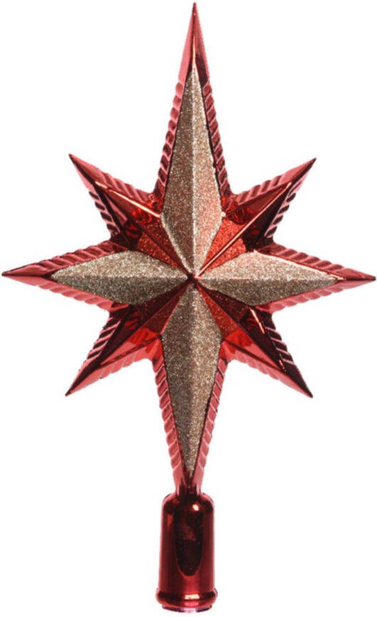 Decoris Kunststof glitter ster piek kerstboom topper rood 25 5 cm kerstboompieken