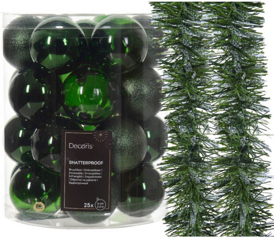 Decoris Kunststof kerstballen 25x -6cm- met 2x kerstslingers -donkergroen Kerstbal