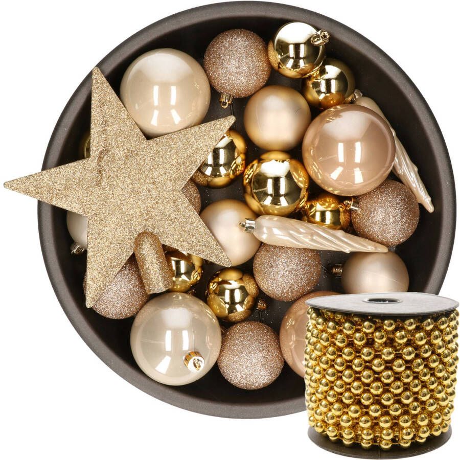 Decoris Kunststof kerstballen 33x st goud-champagne-bruin met piek en kralenslinger goud Kerstbal