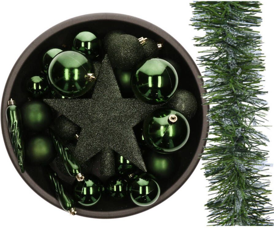 Decoris Kunststof kerstballen 33x st- met slinger en ster piek -donkergroen Kerstbal