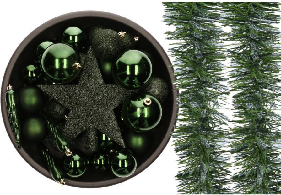 Decoris Kunststof kerstballen 33x st- met slingers en ster piek -donkergroen Kerstbal