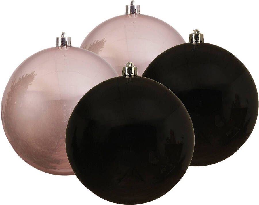Decoris Kunststof kerstballen 4x stuks zwart en lichtroze 14 cm Kerstbal