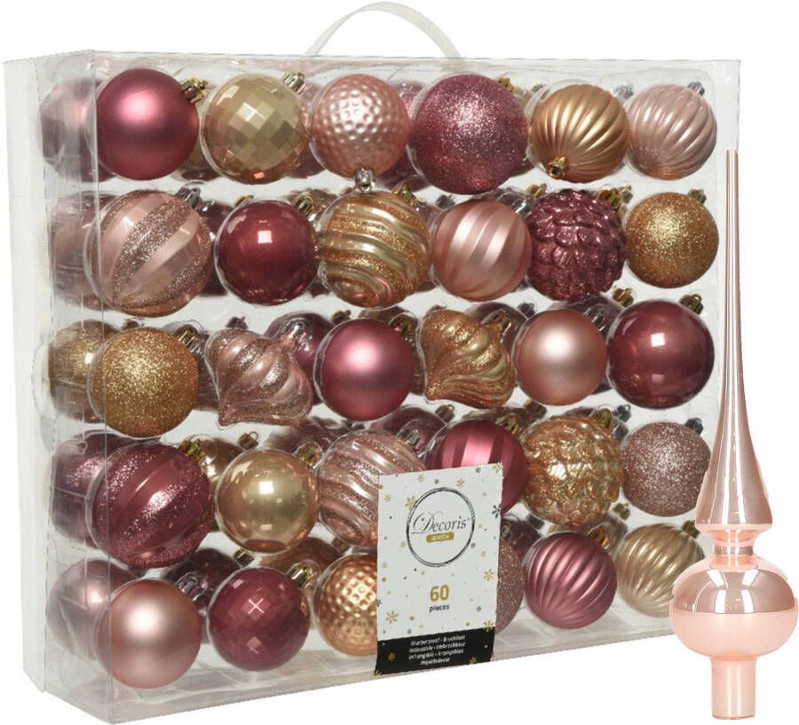 Decoris Kunststof kerstballen 60x stuks 6-7 cm met glazen glans piek roze en bruin Kerstbal